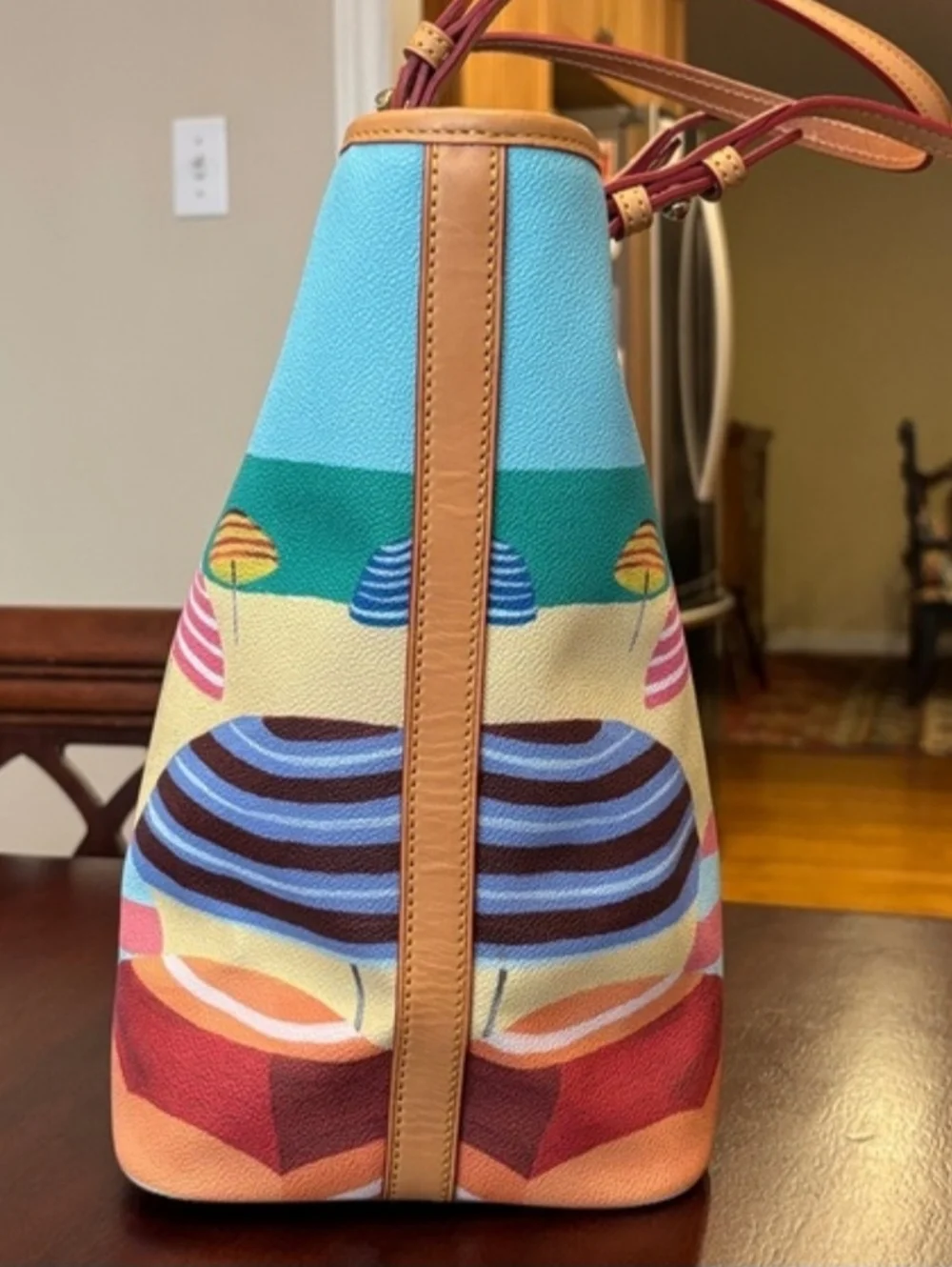 Dooney & Bourke Blue Multicolor Umbrella Print Canvas Tote with Tan Leather Trim - Picture 4 of 11